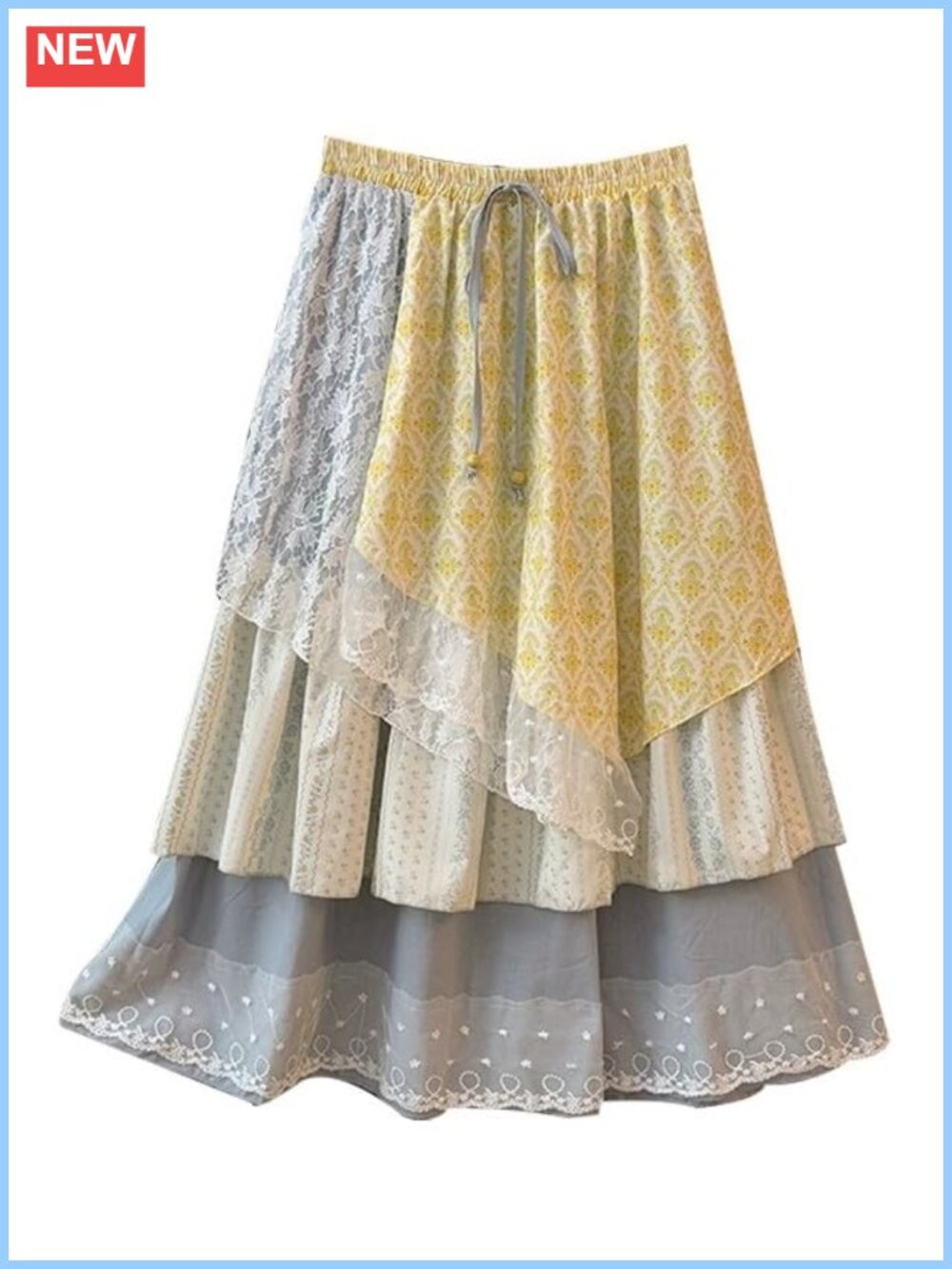 Womens Boho Midi Skirt High Waist A-Line Lace Patchwork Flowy Summer